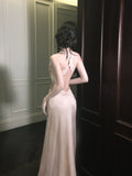 Modest A Line Halter Pink Satin Backless Prom Dresses Wedding Guest Dress 20th Birthday Outfits HZ0311