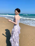 Elegant Sheath Lilac Strapless Tiered Layered Chiffon Sleeveless Long Prom Dresses 18th Birthday Outfits HZ0311