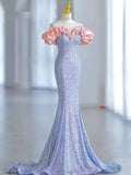 Elegant Mermaid Off The Shoulder Blue Sequins Prom Dresses Inspiration Long Party Evening Dress 19th Birthday Outfits HZ0311