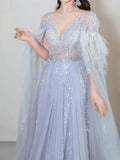 Elegant A Line V Neck Light Sky Blue Tulle Prom Dresses Inspiration Long Party Evening Dress 19th Birthday Outfits HZ0311