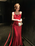 Elegant Mermaid Spaghetti Straps Red Satin Sleeveless Long Prom Dresses 16th Nigh Party Birthday Outfits HZ0311