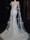 Luxurious Wedding Dresses Mermaid Scoop Neck Long Sleeves Silver Sequins Brides Dress Style For Brides Fitted Bridal Gowns HZ0311