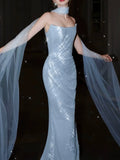 Modest Mermaid Strapless Sequins Blue With Scarf Prom Dresses Inspiration Long Party Evening Dress 21st Birthday Outfits HZ0311
