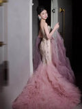 Luxury Mermaid Strapless Pink Tulle With Tiered Train Prom Dresses Inspiration Long Party Night Gowns 20th Birthday Outfits HZ0311