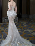 Modest Mermaid Scoop Neck Sequins With Beaded Silver Prom Dresses Inspiration Long Party Night Evening Dress 19th Birthday Outfits HZ0311