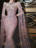 Luxurious Wedding Dresses Mermaid Scoop Neck Long Sleeves Pink With Cape Sequins Brides Dress For Brides Fitted Bridal Gowns HZ0311