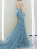 Modest Mermaid High Neck Tulle Blue With Split Prom Dresses Inspiration Long Party Evening Dress 19th Birthday Outfits HZ0311