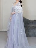 Elegant A Line V Neck Light Sky Blue Tulle Prom Dresses Inspiration Long Party Evening Dress 19th Birthday Outfits HZ0311