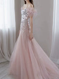 Elegant Mermaid Off The Shoulder Pink Tulle Prom Dresses Inspiration Long Party Evening Dress 19th Birthday Outfits HZ0311