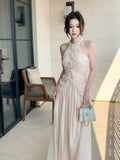 Elegant Mermaid Halter Pink Chiffon With Pleated Sleeveless Long Prom Dresses 16th Nigh Party Birthday Outfits HZ0311