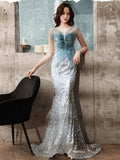 Modest Mermaid Strapless Blue Sequins Prom Dresses Inspiration Long Party Night Evening Dress 20th Birthday Outfits HZ0311