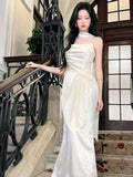 Modest A Line Spaghetti Straps Ivory Satin Long With Scarf Prom Dresses Wedding Guest Dress 16th Birthday Outfits HZ0311