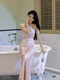 Chic Sheath Halter Pink Satin Ankle Length Prom Dresses Aesthetic Graduation 18th Birthday Outfits HZ0311