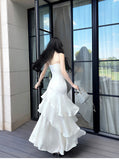 Modest Mermaid Spaghetti Straps White Ruffles Long Prom Dresses High School Teens Graduation Dance Dress 20th Birthday Outfits HZ0311
