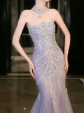Modest Mermaid Strapless Lilac Sequins Prom Dresses Inspiration Long Party Evening Dress 21st Birthday Outfits HZ0311