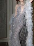 Modest Mermaid Halter Sleeveless Sequins Prom Dresses Inspiration Long Party Evening Dress 21st Birthday Outfits HZ0311