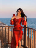 Modest Mermaid Sweetheart Red Satin Long Sleeves Prom Dresses Wedding Guest Dress 16th Birthday Outfits HZ0311