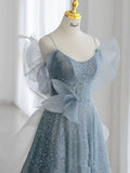 Modest Ball Gown Spaghetti Straps Dusty Blue Tulle Prom Dresses Inspiration Long Party Night Evening Dress 20th Birthday Outfits HZ0311