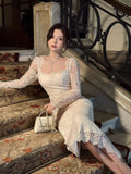 Sexy Mermaid Square Neck Lace White Long Sleeves Ankle Length Prom Dresses Wedding Guest Dress 22th Birthday Outfits HZ0311