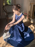 Elegant A line Jewel Neck Navy Blue Satin With Beaded Sleeveless Prom Dresses 16th Nigh Party Birthday Outfits HZ0311