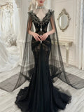 Modest Prom Dresses Aesthetic Mermaid V Neck Black Tulle Inspiration With Long Sleeves Cape Long Party Formal Gown HZ0311