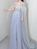 Elegant A Line V Neck Light Sky Blue Tulle Prom Dresses Inspiration Long Party Evening Dress 19th Birthday Outfits HZ0311