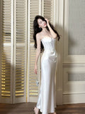Elegant Mermaid Spaghetti Strap White Satin Long Pleated Prom Dress Aesthetic Graduation Evening Outfits HZ0311