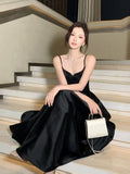 Modest A line Spaghetti Straps Black Satin Prom Dresses Wedding Guest Dress 16th Party Birthday Outfits HZ0311