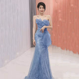 Modest Mermaid Strapless Dusty Blue Sequins Prom Dresses Inspiration Long Party Night Evening Dress 20th Birthday Outfits HZ0311