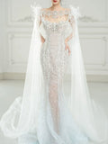 Luxurious Mermaid Scoop Evening Dress Sequins Prom Dress With Cape Long Party Dresses 19th Birthday Outfits HZ0311