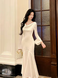 Chic Mermaid Cowl Neck White Satin Ankle Length Long Sleeves Prom Dresses Wedding Guest Dress 20th Birthday Outfits HZ0311