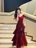 Elegant Mermaid Off The Shoulder Burgundy Long Prom Dresses 16th Nigh Party Birthday Outfits HZ0311