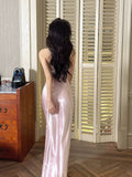 Chic Sheath Halter Pink Satin Ankle Length Prom Dresses Aesthetic Graduation 18th Birthday Outfits HZ0311