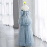 Modest Ball Gown Off The Shoulder Dusty Blue Tulle Prom Dresses Inspiration Long Party Night Evening Dress 20th Birthday Outfits HZ0311