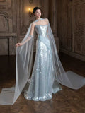 Sparkly Mermaid Strapless Light Sky Blue Sequins Prom Dresses Inspiration Long Party Night Evening Gowns 19th Birthday Outfits HZ0311