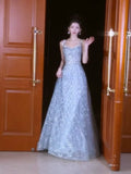 Beautiful Ball Gown Square Neck Blue Long Sequin Prom Dresses Party Dress 16th Birthday Outfits Graduation Dress HZ0311