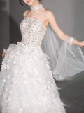 Modest Ball Gown Strapless White Sequins Prom Dresses Inspiration Long Party Evening Dress 21st Birthday Outfits HZ0311
