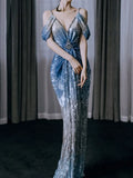 Modest Mermaid V Neck Ombre Blue Sequins With Pleated Prom Dresses Inspiration Long Party Evening Dress 19th Birthday Outfits HZ0311