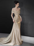 Sexy Mermaid Off The Shoulder Champagne Long Sequins Prom Dresses Party Dress 16th Birthday Outfits Graduation Dress HZ0311