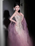 Luxury Mermaid Strapless Pink Tulle With Tiered Train Prom Dresses Inspiration Long Party Night Gowns 20th Birthday Outfits HZ0311