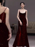 Glamour Mermaid Spaghetti Straps Burgundy Sequin Long Prom Dresses Party Dress 20th Birthday Outfits Prom Gowns HZ0311