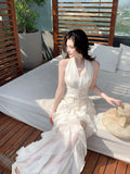 Modest A line Halter White Layered Chiffon Floor Length Prom Dresses 18th Nigh Party Birthday Outfits HZ0311