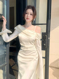 Elegant Mermaid Off The Shoulder White Silky Satin Ankle Length Prom Dresses 16th Nigh Party Birthday Outfits HZ0311