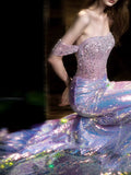 Elegant Mermaid Off The Shoulder Lilac Sequins Prom Dresses Inspiration Long Party Evening Dress 19th Birthday Outfits HZ0311
