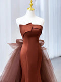 Brown Mermaid Satin Tulle Long Prom Dress, Brown Long Evening Dress HZ0427