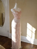 Glittery Sheath Spaghetti Straps Pink Tassel Pink Prom Dresses Inspiration Long Party Evening Dress 20th Birthday Outfits HZ0311
