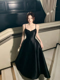 Modest A line Spaghetti Straps Black Satin Prom Dresses Wedding Guest Dress 16th Party Birthday Outfits HZ0311