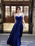 Sexy A line Spaghetti Straps Royal Blue Satin Long Prom Dresses Wedding Guest Dress 20th Birthday Outfits HZ0311