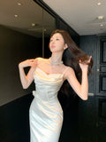 Modest Mermaid Spaghetti Straps Satin Ivory Prom Dresses Wedding Guest Gown 18th Nigh Party Birthday Outfits HZ0311
