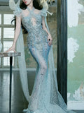 Sparkly Mermaid Halter Blue Sequins With Beaded Prom Dresses Inspiration Long Party Night Gowns 20th Birthday Outfits HZ0311